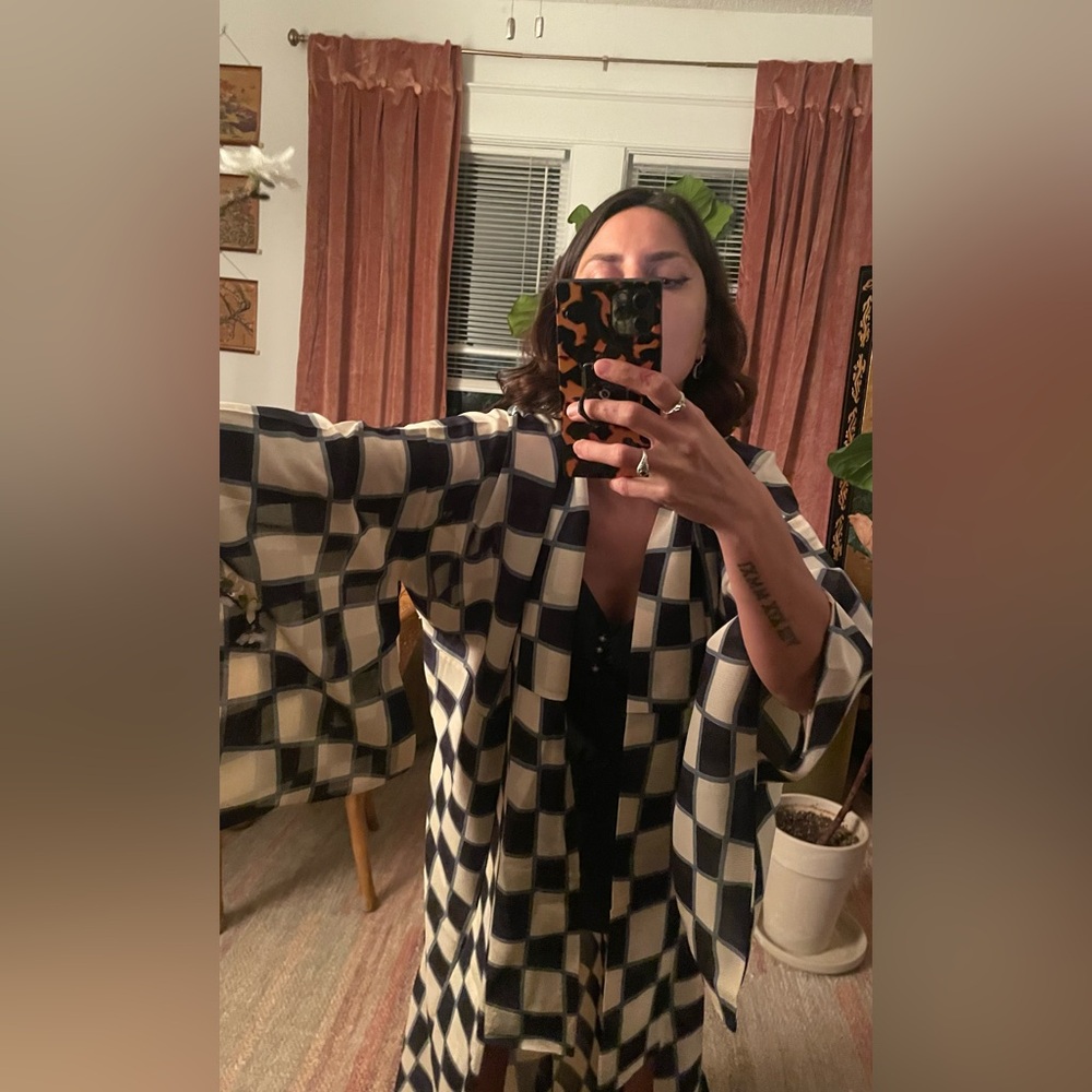 Antique sheer Sha Silk kimono psychedelic checkerboard transparent chess usomono - Picture 4 of 12